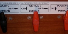 Sailing boat battery switch panel with labels and on/off toggles for negative and positive connections.