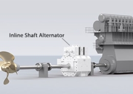 Diagram of a marine propulsion system with inline shaft alternator and propeller, enhancing ship energy efficiency.