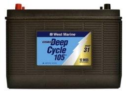 West Marine deep cycle battery, Group 31, for reliable marine power and extended 105 amp hours performance.