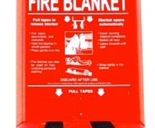 Red fire blanket case with safety instructions and pull tapes, designed for emergency fire control and safety preparedness.