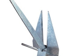 Steel fluke anchor for secure boat mooring; ideal for sandy or muddy seabeds. Durable marine hardware.