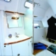 Sailboat interior bathroom with mirror, sink, and hangers for gear, showcasing efficient use of small space.