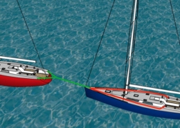 Two sailboats, one red and one blue, are connected on the water.