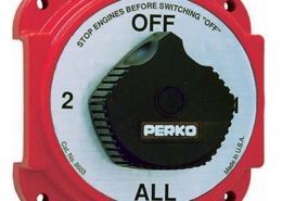 Perko marine battery switch, red casing, marked OFF and ALL, used for managing dual battery systems on boats.