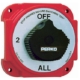 Perko marine battery switch, red casing, marked OFF and ALL, used for managing dual battery systems on boats.