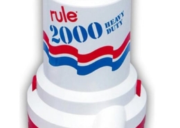 Rule 2000 heavy-duty bilge pump with red and blue design for efficient water removal on boats.