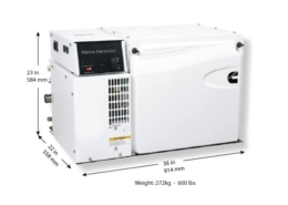 Compact marine generator with dimensions 36x22x23 and weight 600 lbs., ideal for sailing power needs.