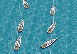 Sailboats navigating wind direction on blue ocean with mapped pathways and positions.