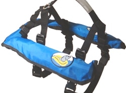 Blue sailing life vest featuring durable straps and a cartoon logo. Ideal for safety and buoyancy on the water.