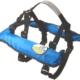 Blue sailing life vest featuring durable straps and a cartoon logo. Ideal for safety and buoyancy on the water.