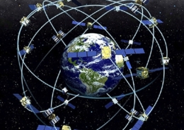 Satellites orbiting Earth in space, illustrating global connectivity and navigation technology.