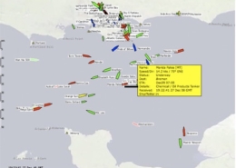 Map showing tanker ship positions and details, including Marida Patea, with color-coded directional arrows.