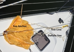 Sea anchor setup on a yacht deck with tow line and deflate line labeled for easy sailing navigation and safety.