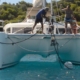 Sailing enthusiasts securing anchor on catamaran in serene blue waters, surrounded by lush green scenery.