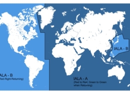 World map showing IALA maritime buoyage systems: IALA A (green to green) and IALA B (red-right-returning) regions.