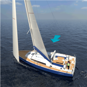 Sailing yacht navigating open waters with a focus on deck area and modern sail design.