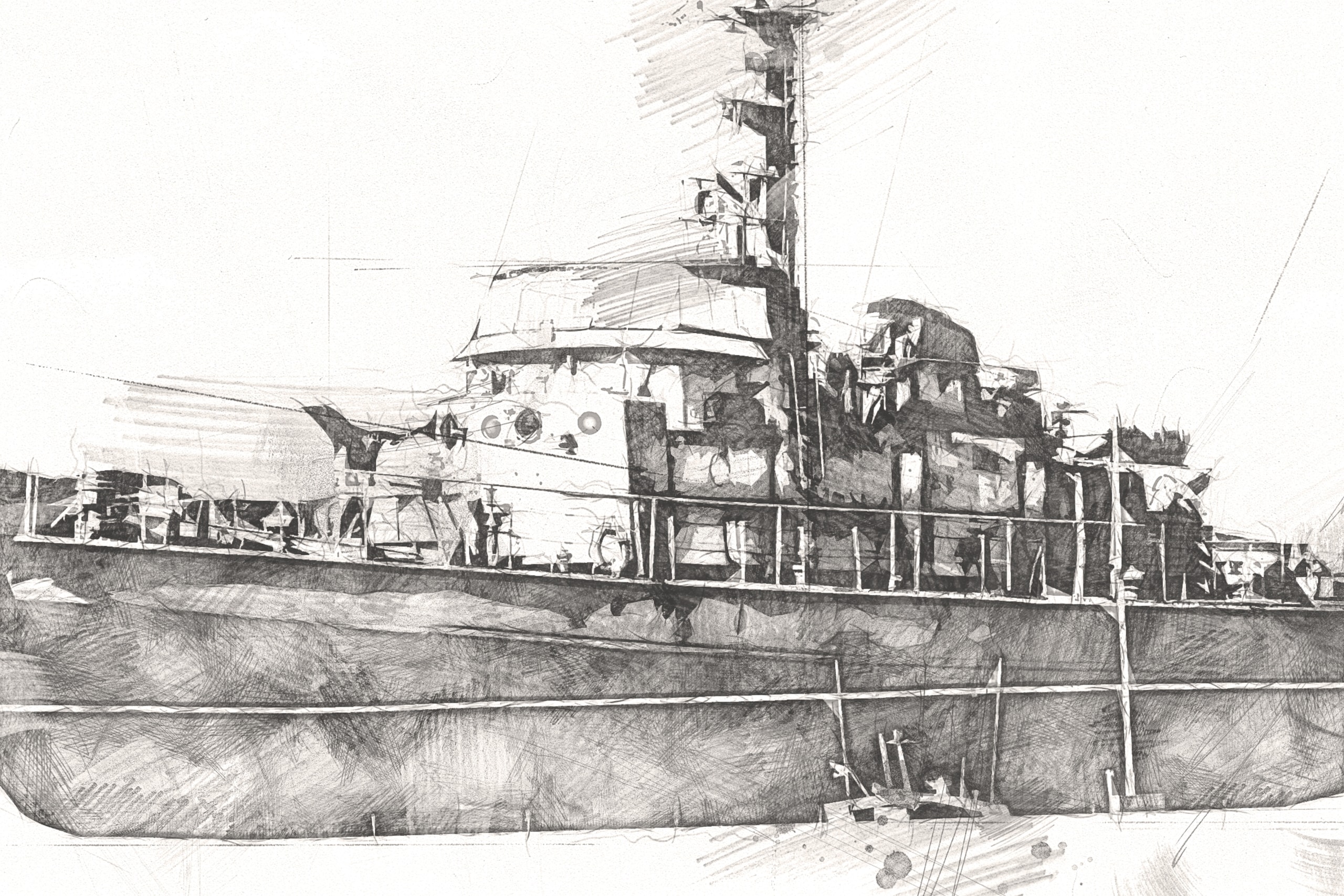 Detailed charcoal sketch of a historic naval ship, showcasing intricate design and maritime craftsmanship.