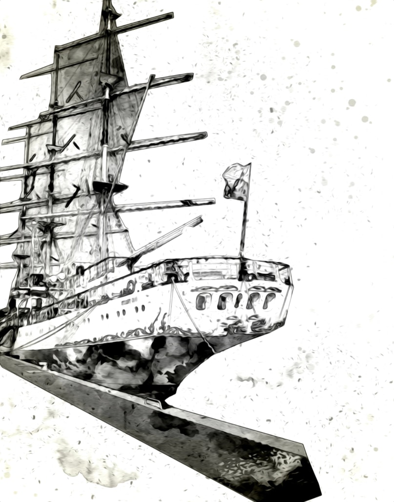 Sketch of a majestic tall ship with sails and rigging, docked at a harbor, showcasing classic maritime elegance.