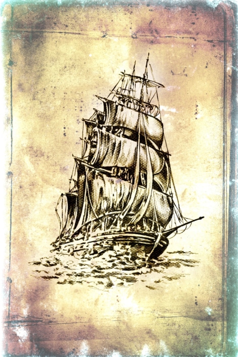 Vintage illustration of a majestic sailing ship on a textured background, evoking adventure and maritime history.