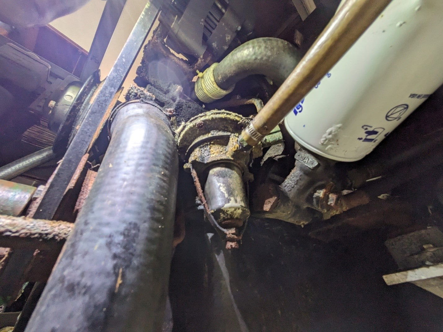 Close-up of a boat engine compartment showing belts and hoses, highlighting marine mechanical components.