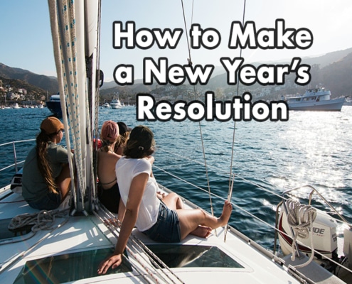 Sailing adventure with friends on a serene bay, discussing New Year's resolutions on a sunny day.