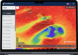 Weather forecast map for Hawaii on PredictWind, displaying wind patterns and speed in knots over the islands.