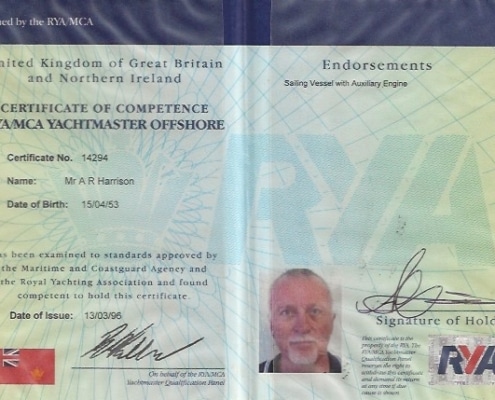 RYA/MCA Yachtmaster Offshore Certificate, issued to A R Harrison, showcasing sailing competence and endorsements.