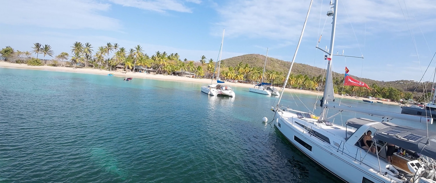 Sailboats anchored in Salt Whistle Bay in the Grenadines with palm trees and clear blue waters under a sunny sky.