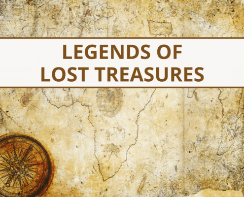 Antique treasure map with compass and Legends of Lost Treasures text, evoking maritime adventure and mystery.