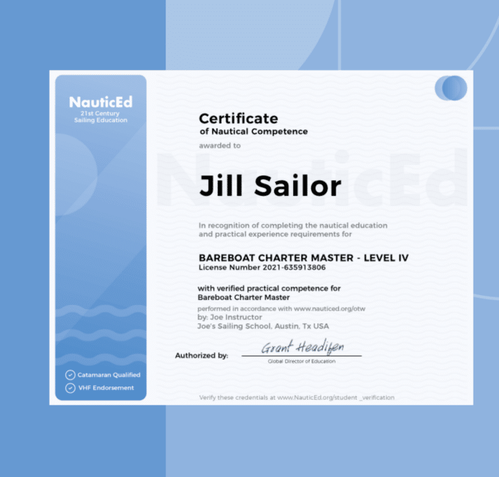 Certificate of Nautical Competence for Bareboat Charter Master Level IV from NauticEd, awarded to Jill Sailor.