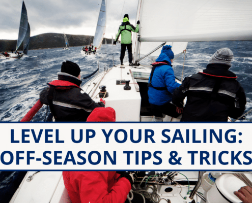 Sailors braving rough seas during off-season with Level Up Your Sailing: Tips & Tricks text overlay.