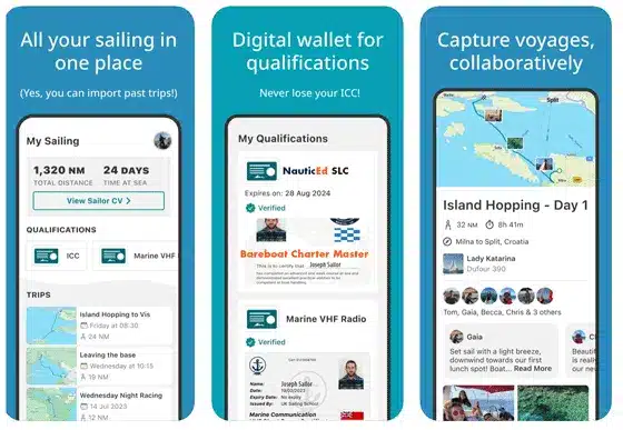 Sailing app interface: Track trips, manage qualifications, and share voyages. All your sailing in one place.