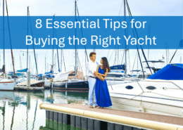 Couple standing by yachts in marina, showcasing essential yacht buying tips for boaters.