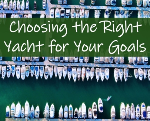 Aerial view of a marina filled with yachts, titled Choosing the Right Yacht for Your Goals.