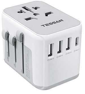 Universal travel adapter with multiple USB ports, suitable for international use. Compact and versatile design by Tessan.