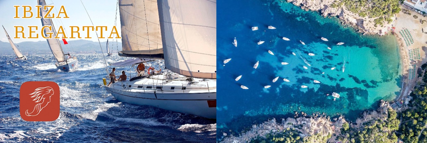 Sailing boats competing in Ibiza regatta; aerial view of turquoise sea and coastline. Perfect for sailing enthusiasts.