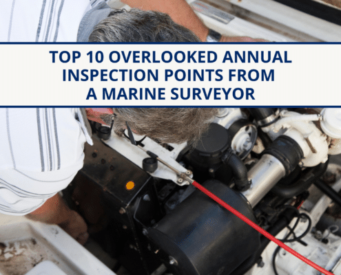 Marine surveyor inspecting engine; top 10 overlooked annual boat inspection points guide.