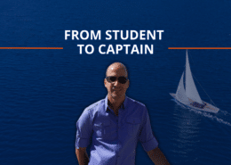 Man in sunglasses with sailboat on ocean, text: From Student to Captain, blue sea background.