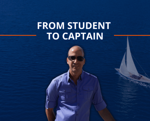 Man in sunglasses with sailboat on ocean, text: From Student to Captain, blue sea background.