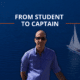 Man in sunglasses with sailboat on ocean, text: From Student to Captain, blue sea background.