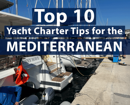 Top 10 Yacht Charter Tips for the Mediterranean displayed over a docked yacht in a sunny marina.