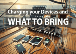 Devices charging on a sailboat deck with a solar panel, illustrating what to bring for tech convenience while sailing.