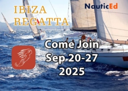 Sailboats racing in Ibiza Regatta, September 20-27, 2025. NauticEd event invitation on open blue sea.