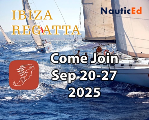 Sailboats racing in Ibiza Regatta, September 20-27, 2025. NauticEd event invitation on open blue sea.