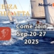 Sailboats racing in Ibiza Regatta, September 20-27, 2025. NauticEd event invitation on open blue sea.