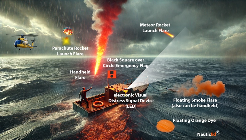 Maritime distress signals illustrated: flares, emergency flag, LED device, dye, and smoke, in stormy sea rescue scene.