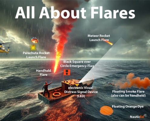 Image illustrating different types of maritime distress flares and signals on the ocean with a rescue scene.