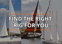Three sailboats with different rigs. Text overlay: Find the Right Rig for You. Blue sky and water background. sloop vs cutter vs ketch