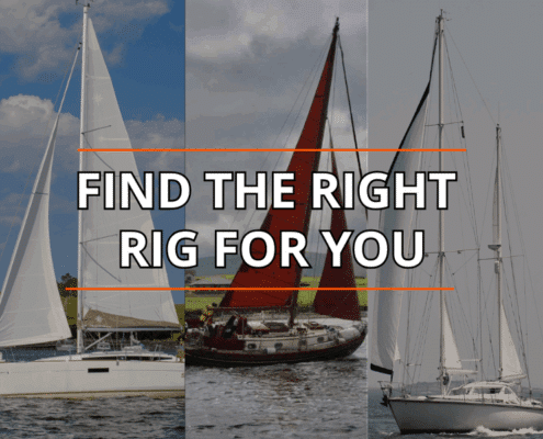Three sailboats with different rigs. Text overlay: Find the Right Rig for You. Blue sky and water background. sloop vs cutter vs ketch