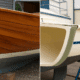 Close-up of elegant wooden and fiberglass sailboat hulls showcased outdoors, highlighting craftsmanship and design.
